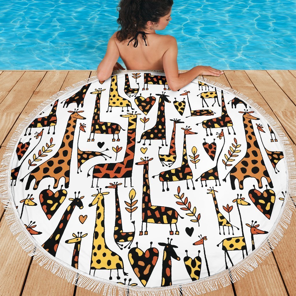 Cartoon Giraffe Pattern Print Round Beach Blanket