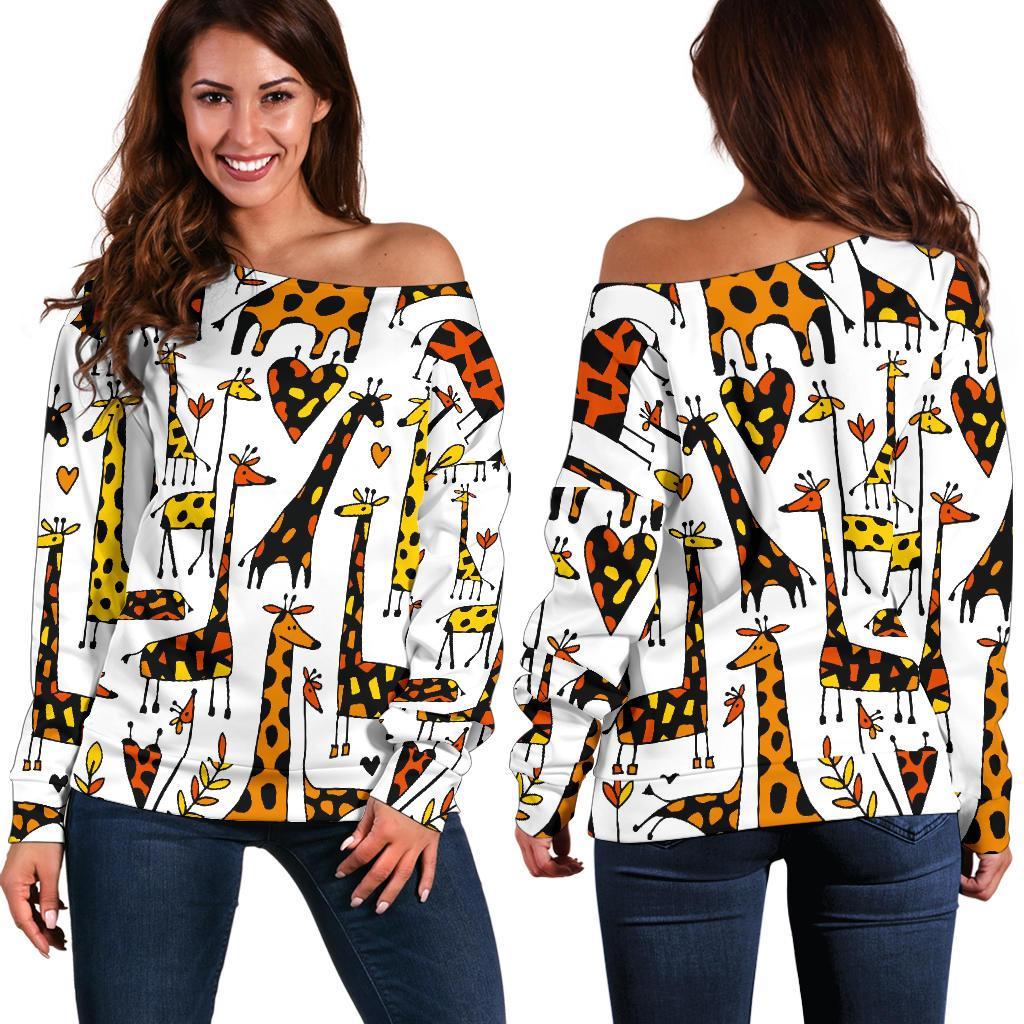 Cartoon Giraffe Pattern Print Women's Off-Shoulder Sweatshirt