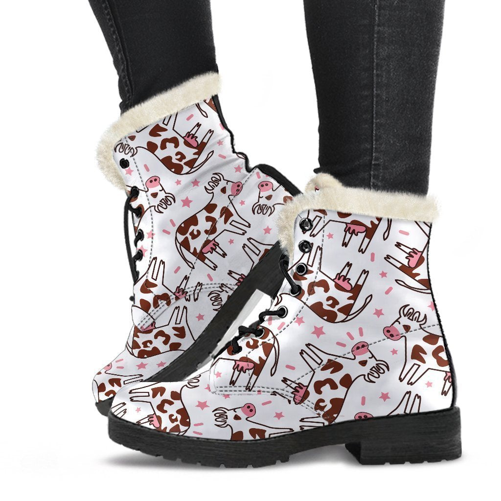 Cartoon Happy Dairy Cow Pattern Print Faux Fur Leather Boots