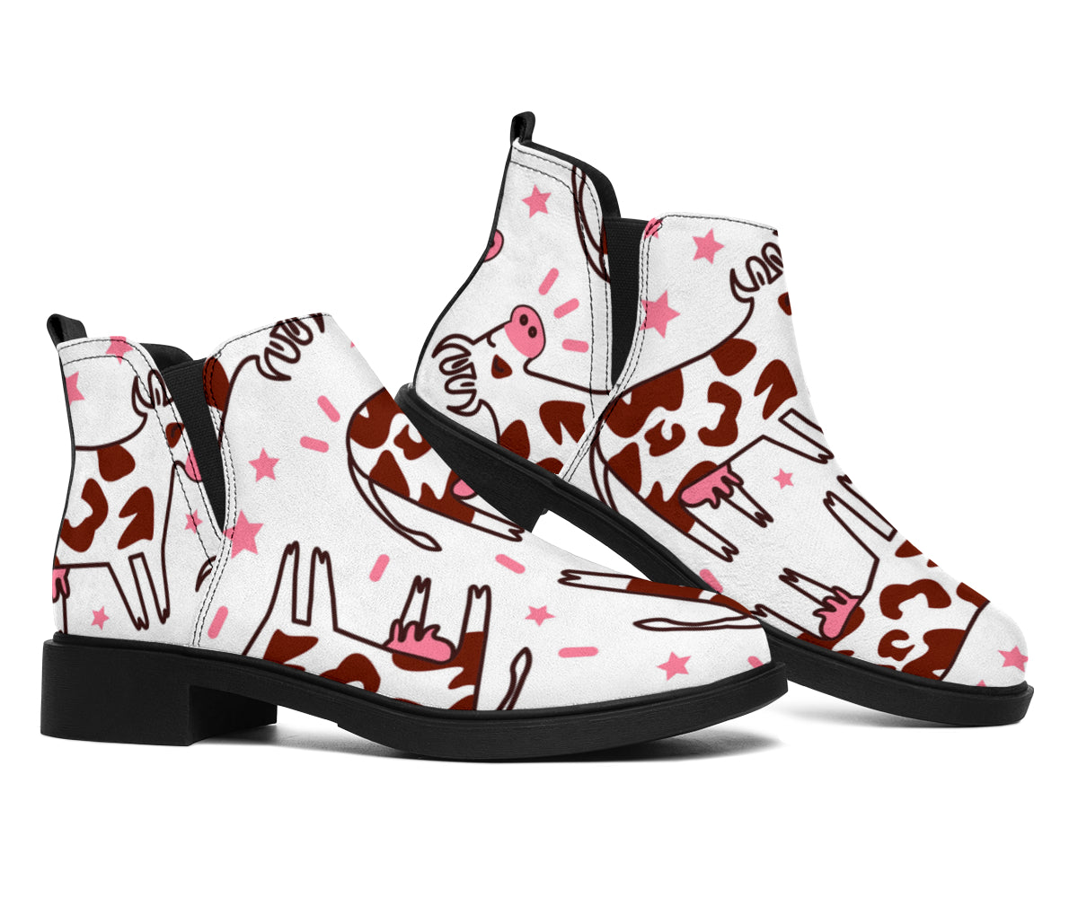 Cartoon Happy Dairy Cow Pattern Print Flat Ankle Boots