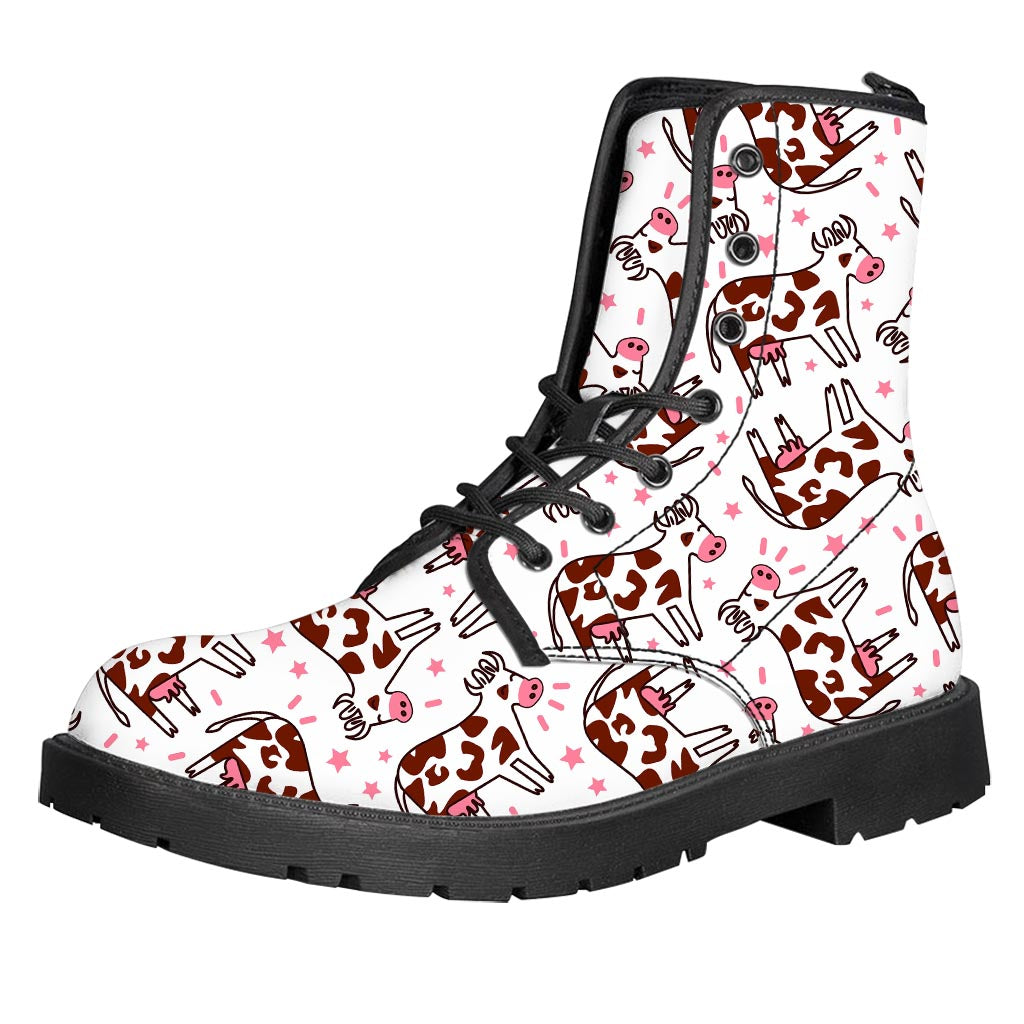 Cartoon Happy Dairy Cow Pattern Print Leather Boots