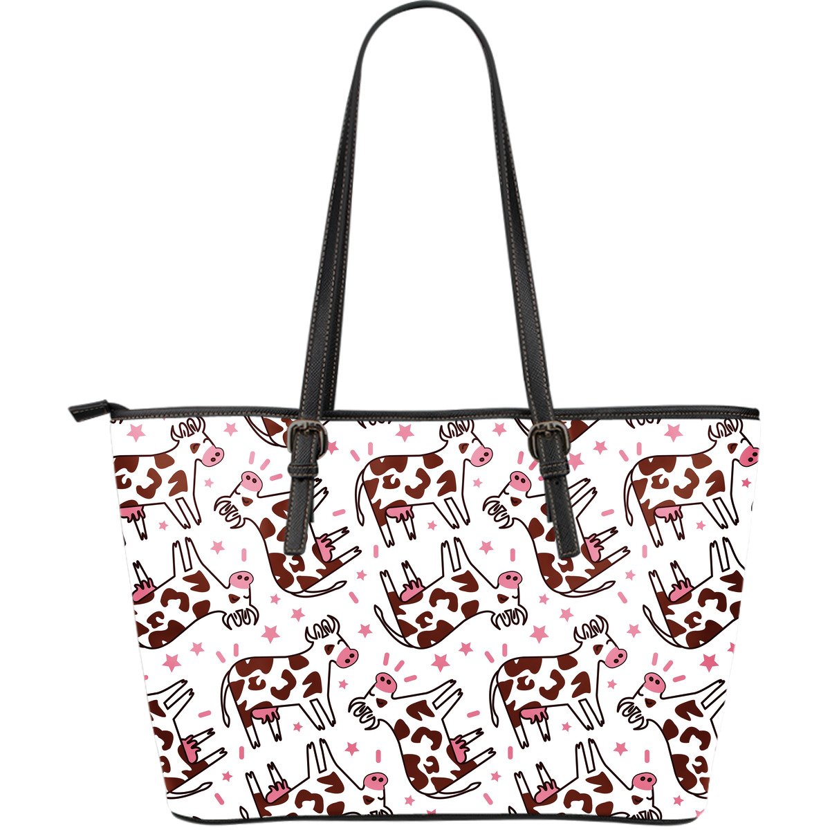 Cartoon Happy Dairy Cow Pattern Print Leather Tote Bag