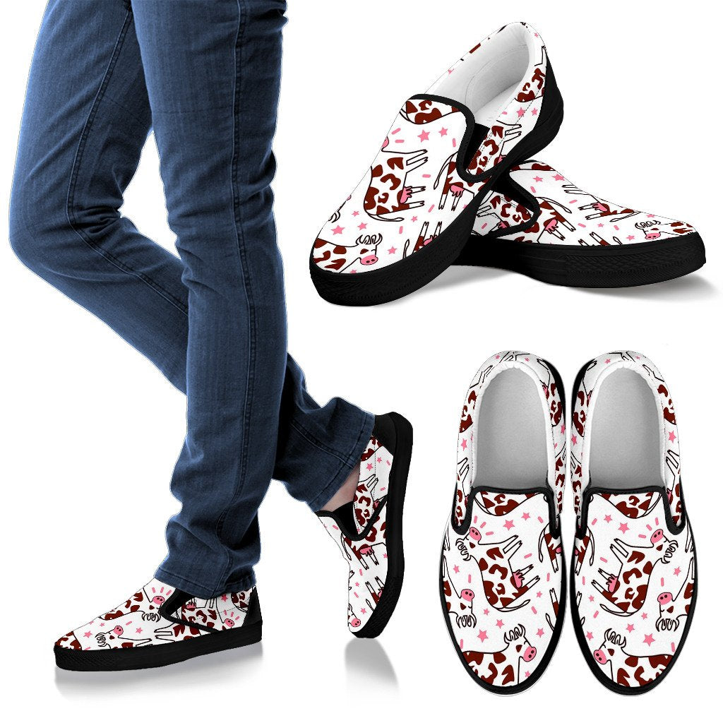 Cartoon Happy Dairy Cow Pattern Print Men's Slip On Shoes