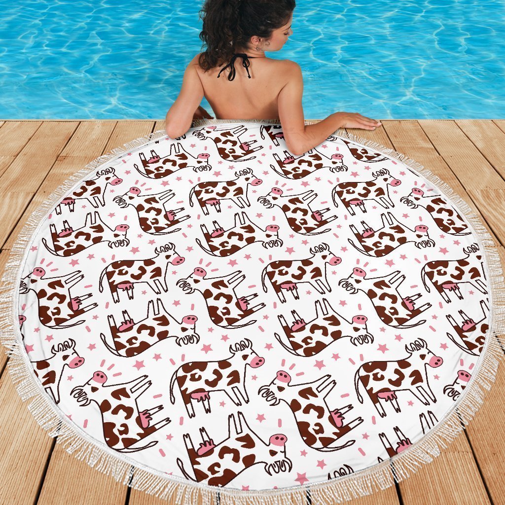 Cartoon Happy Dairy Cow Pattern Print Round Beach Blanket