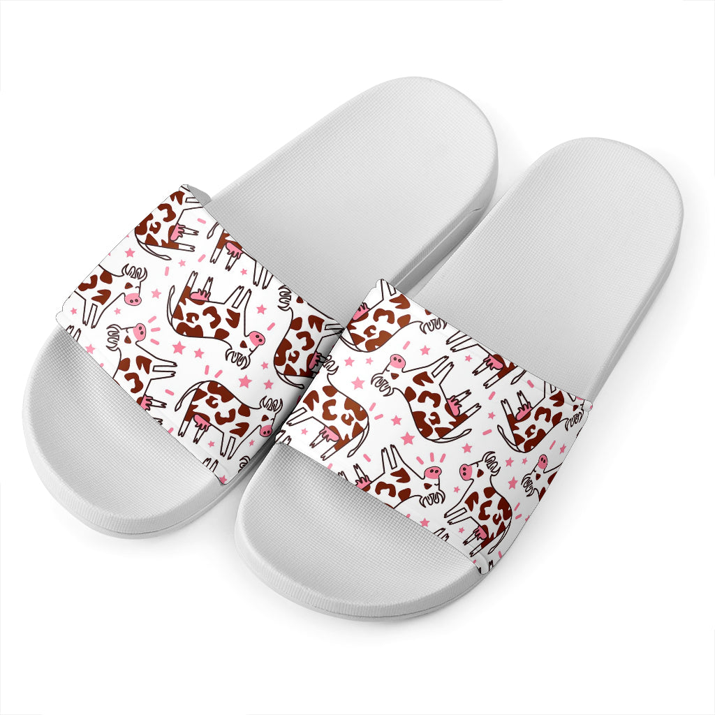 Cartoon Happy Dairy Cow Pattern Print White Slide Sandals