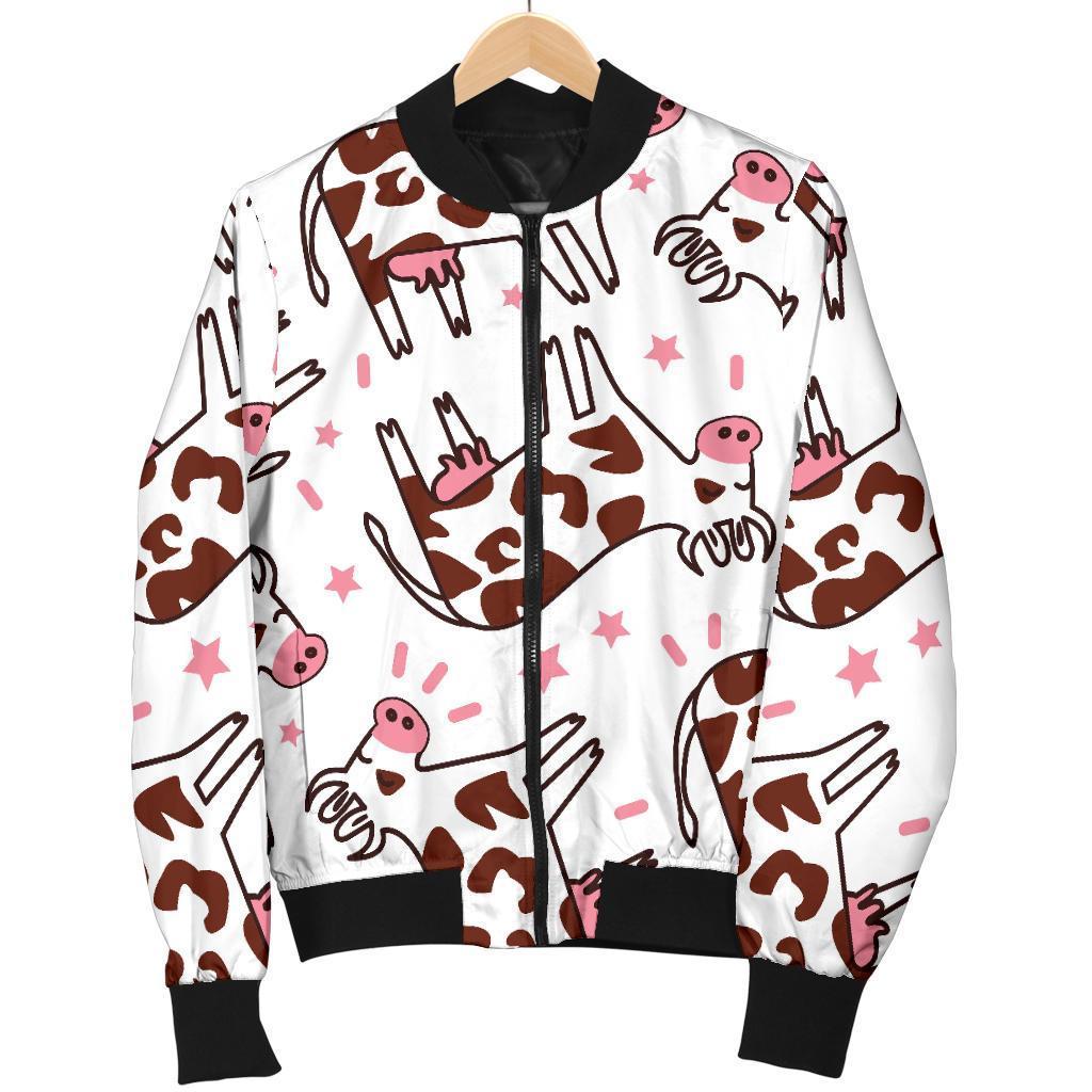 Cartoon Happy Dairy Cow Pattern Print Women's Bomber Jacket