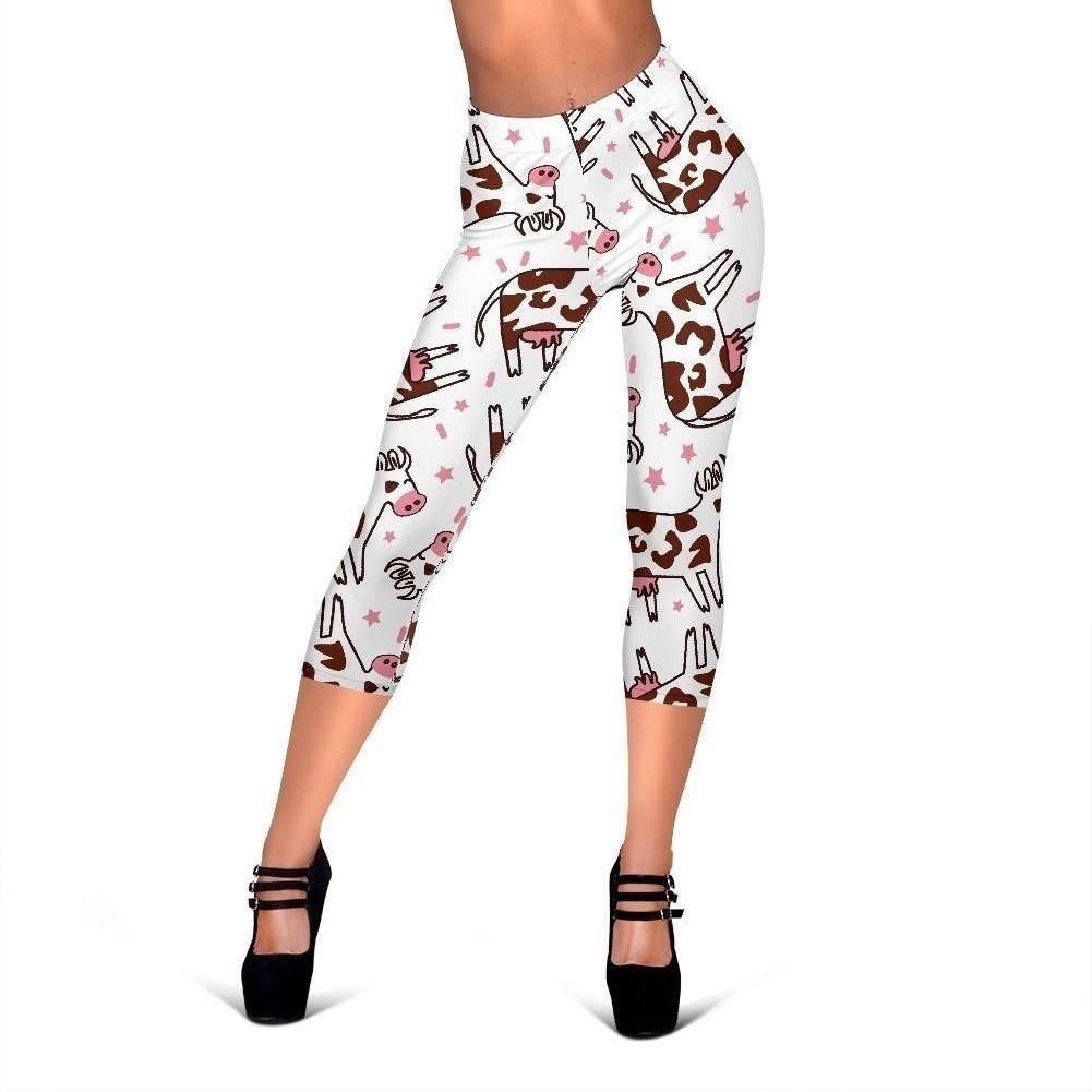 Cartoon Happy Dairy Cow Pattern Print Women's Capri Leggings