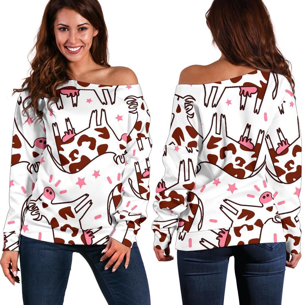 Cartoon Happy Dairy Cow Pattern Print Women's Off-Shoulder Sweatshirt