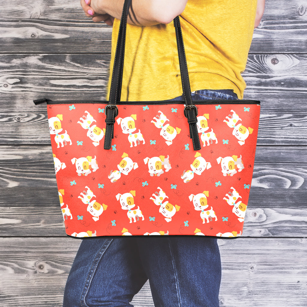 Cartoon Jack Russell Terrier Print Leather Tote Bag