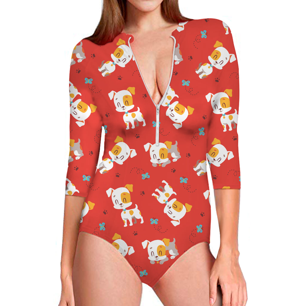 Cartoon Jack Russell Terrier Print Long Sleeve One Piece Swimsuit