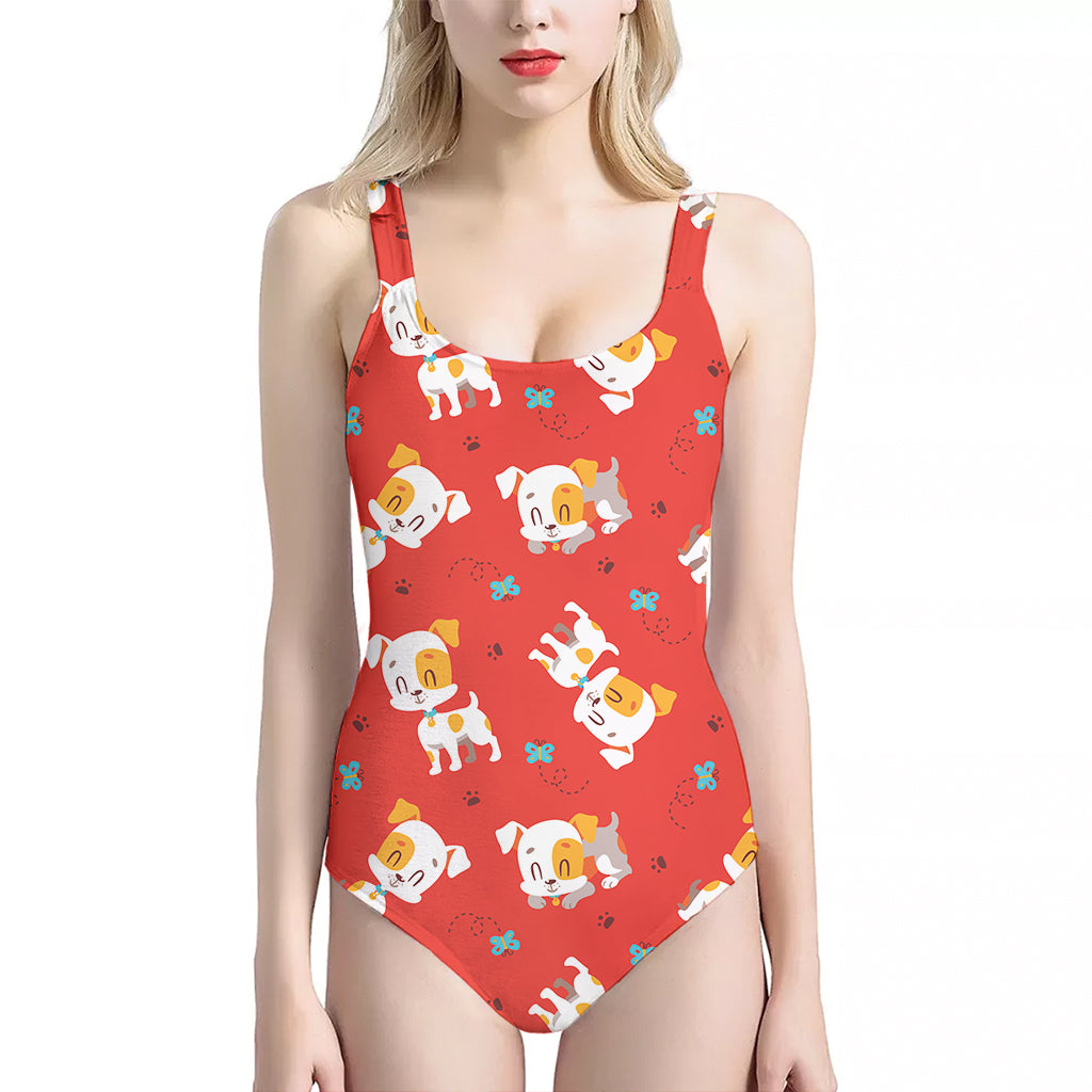 Cartoon Jack Russell Terrier Print One Piece Halter Neck Swimsuit