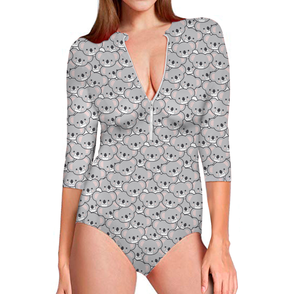 Cartoon Koala Pattern Print Long Sleeve One Piece Swimsuit