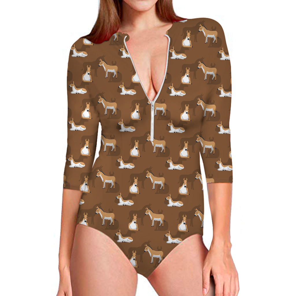 Cartoon Kulan Donkey Pattern Print Long Sleeve One Piece Swimsuit