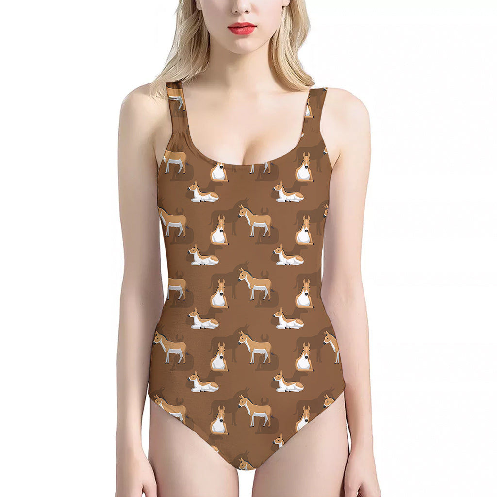 Cartoon Kulan Donkey Pattern Print One Piece Halter Neck Swimsuit