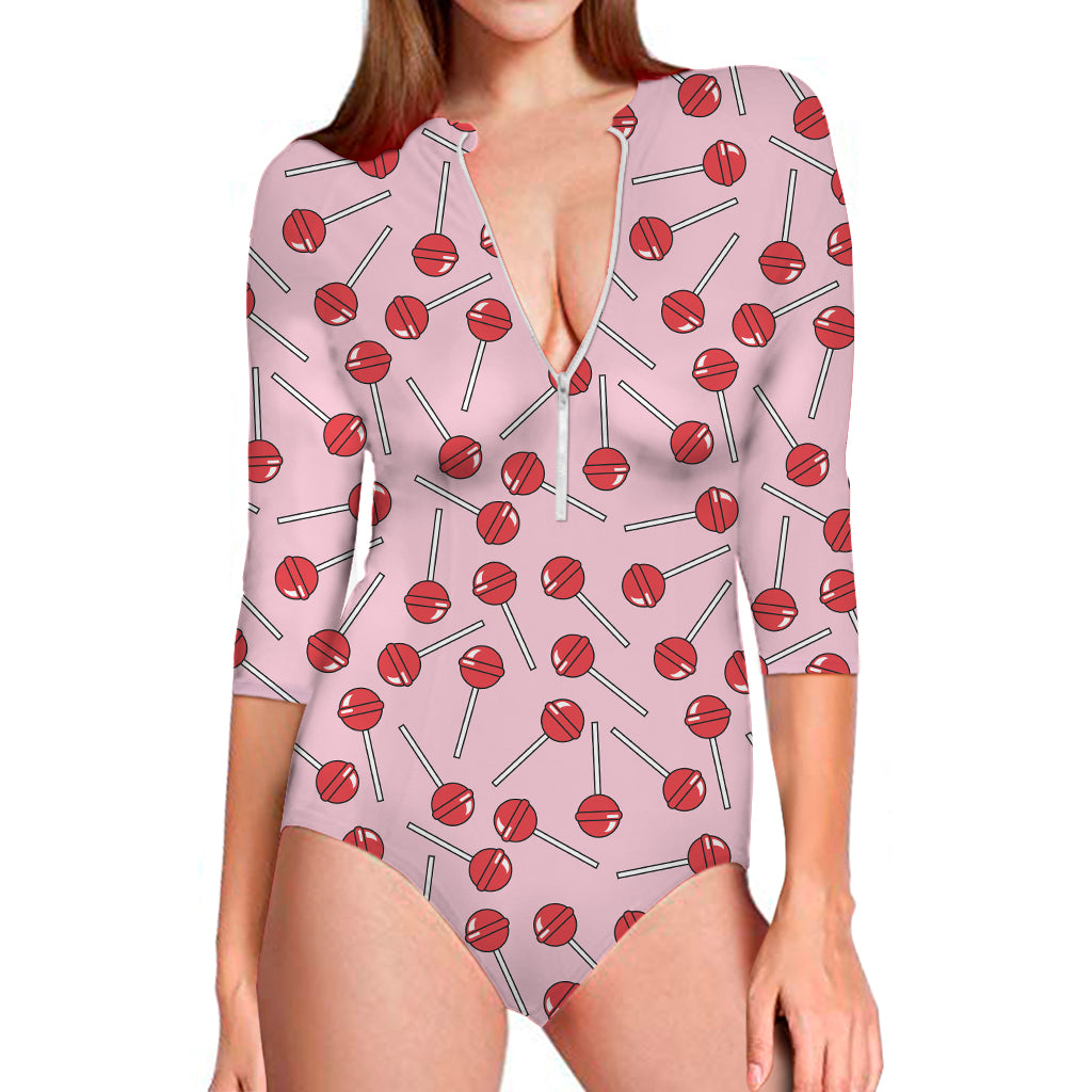 Cartoon Lollipop Pattern Print Long Sleeve One Piece Swimsuit