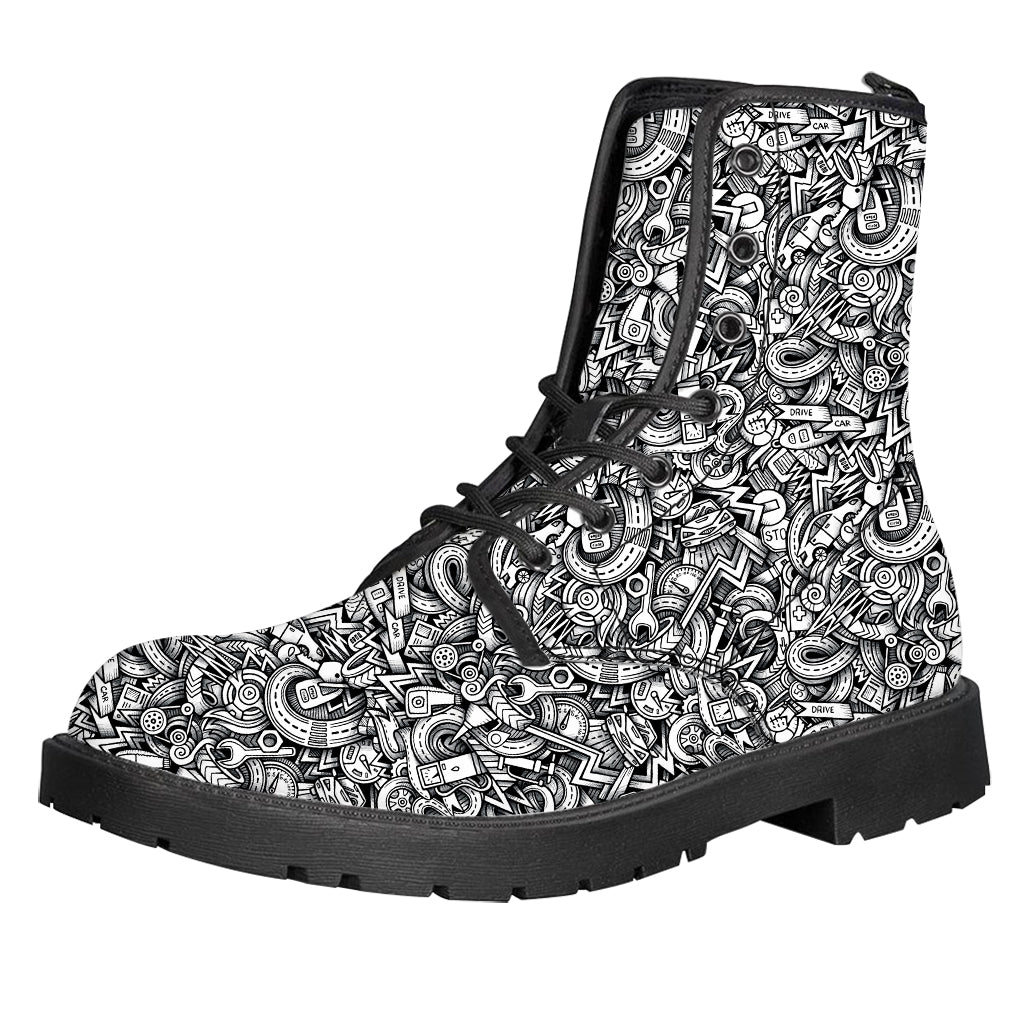 Cartoon Mechanic Pattern Print Leather Boots