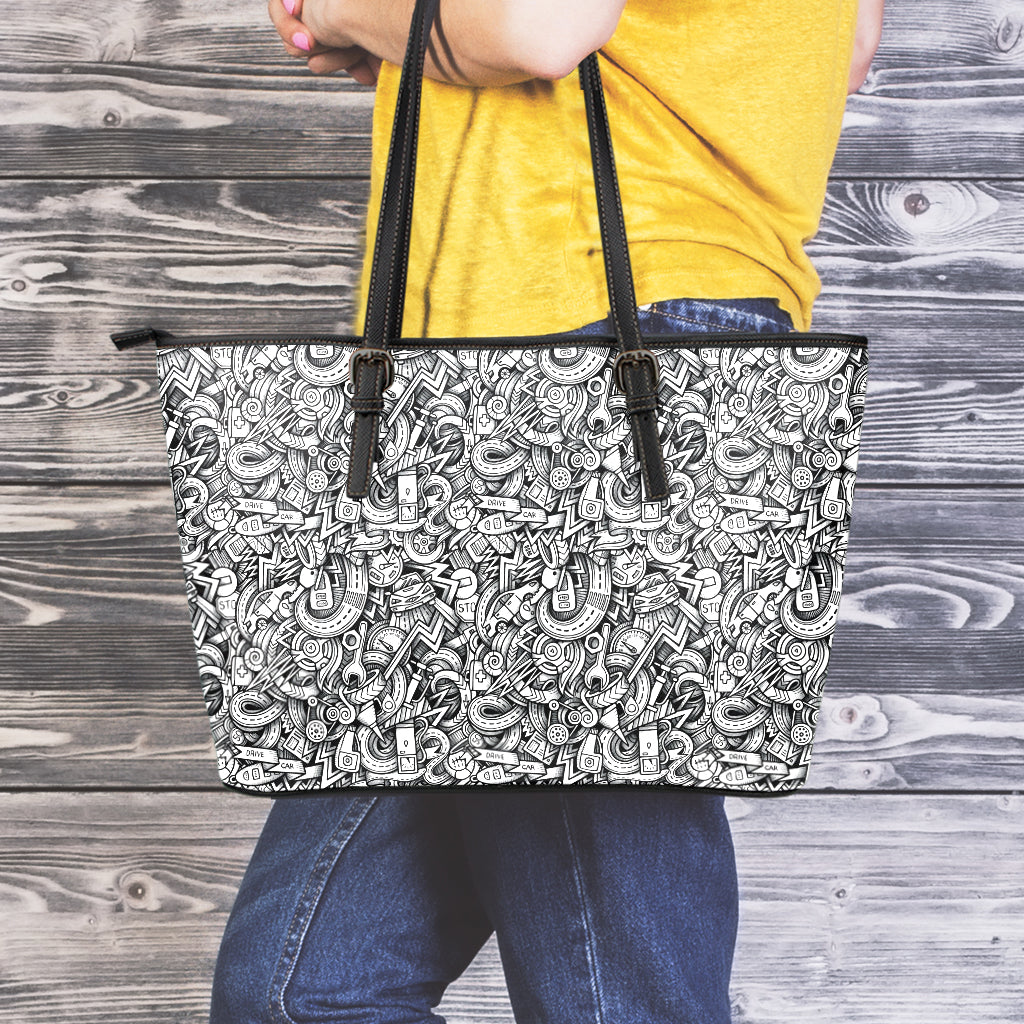 Cartoon Mechanic Pattern Print Leather Tote Bag