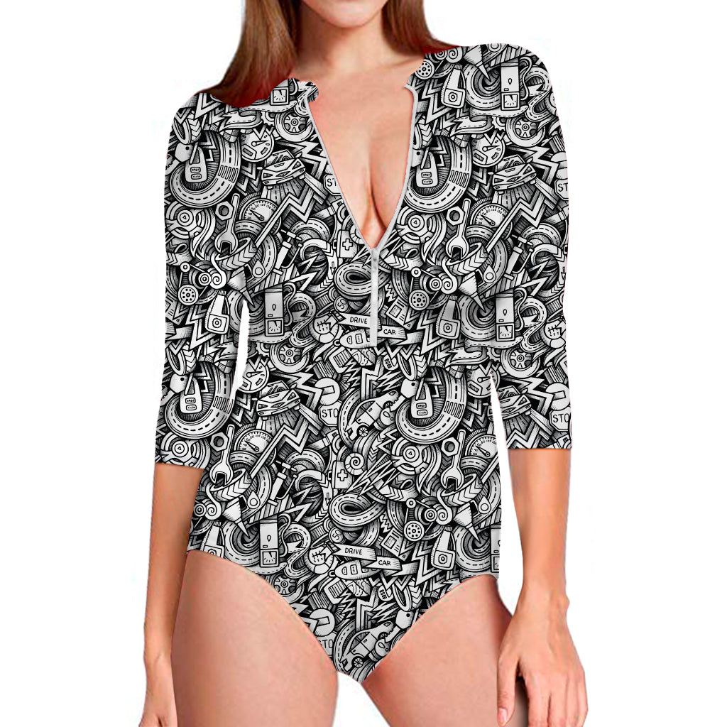 Cartoon Mechanic Pattern Print Long Sleeve One Piece Swimsuit