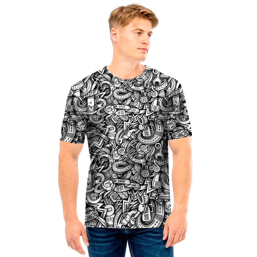 Cartoon Mechanic Pattern Print Men's T-Shirt