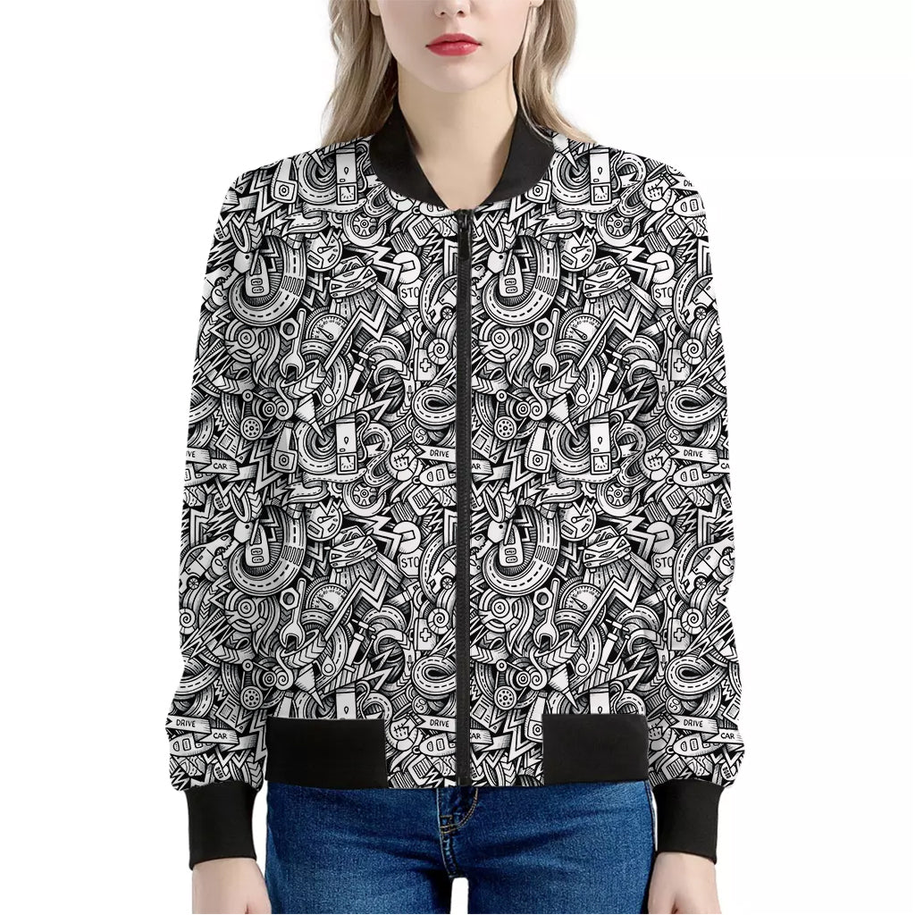 Cartoon Mechanic Pattern Print Women's Bomber Jacket