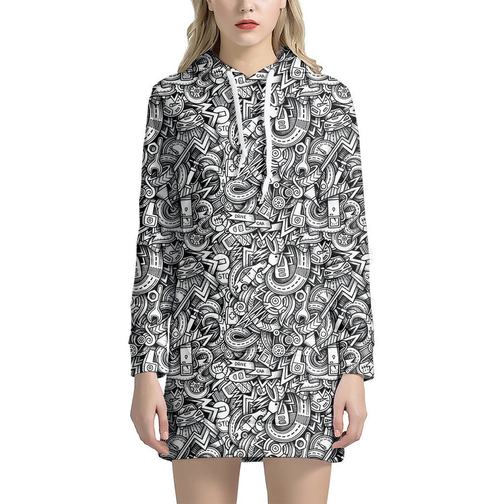 Cartoon Mechanic Pattern Print Women's Pullover Hoodie Dress