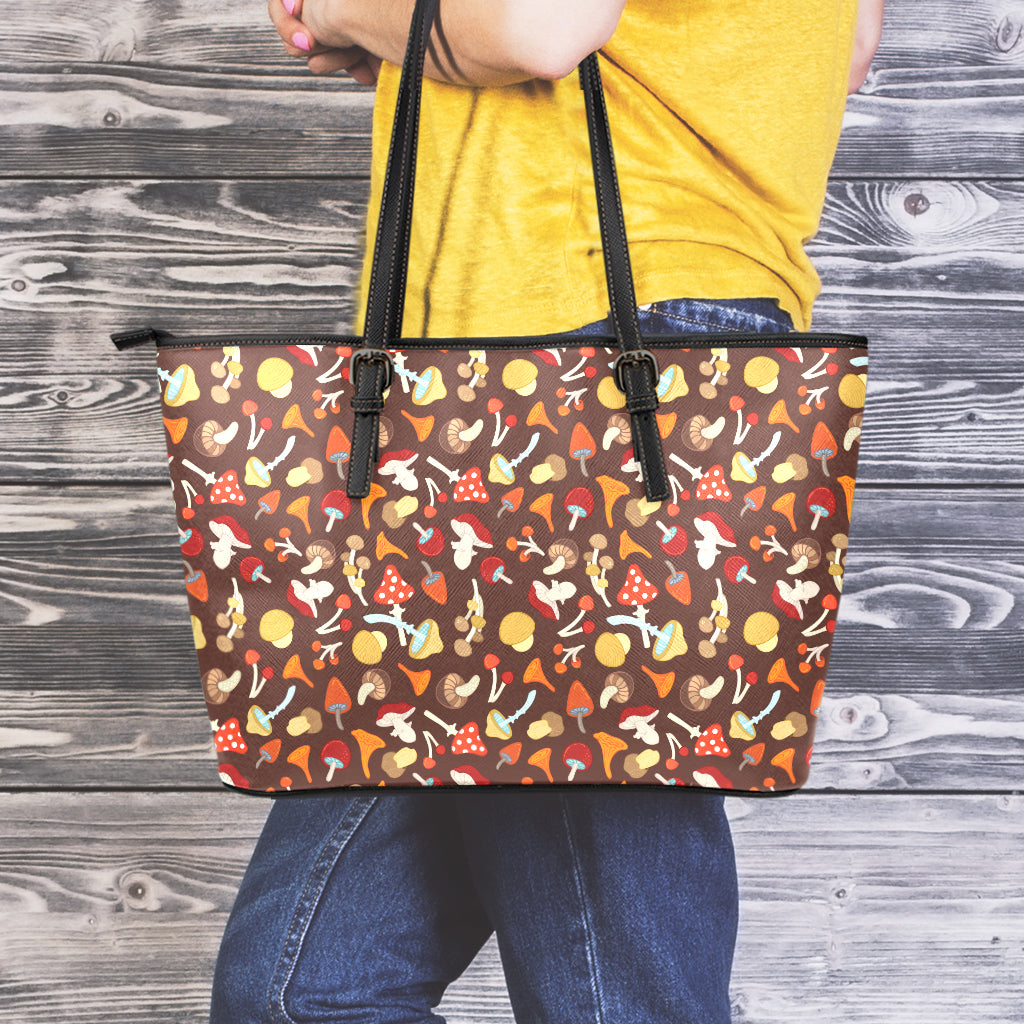 Cartoon Mushroom Pattern Print Leather Tote Bag