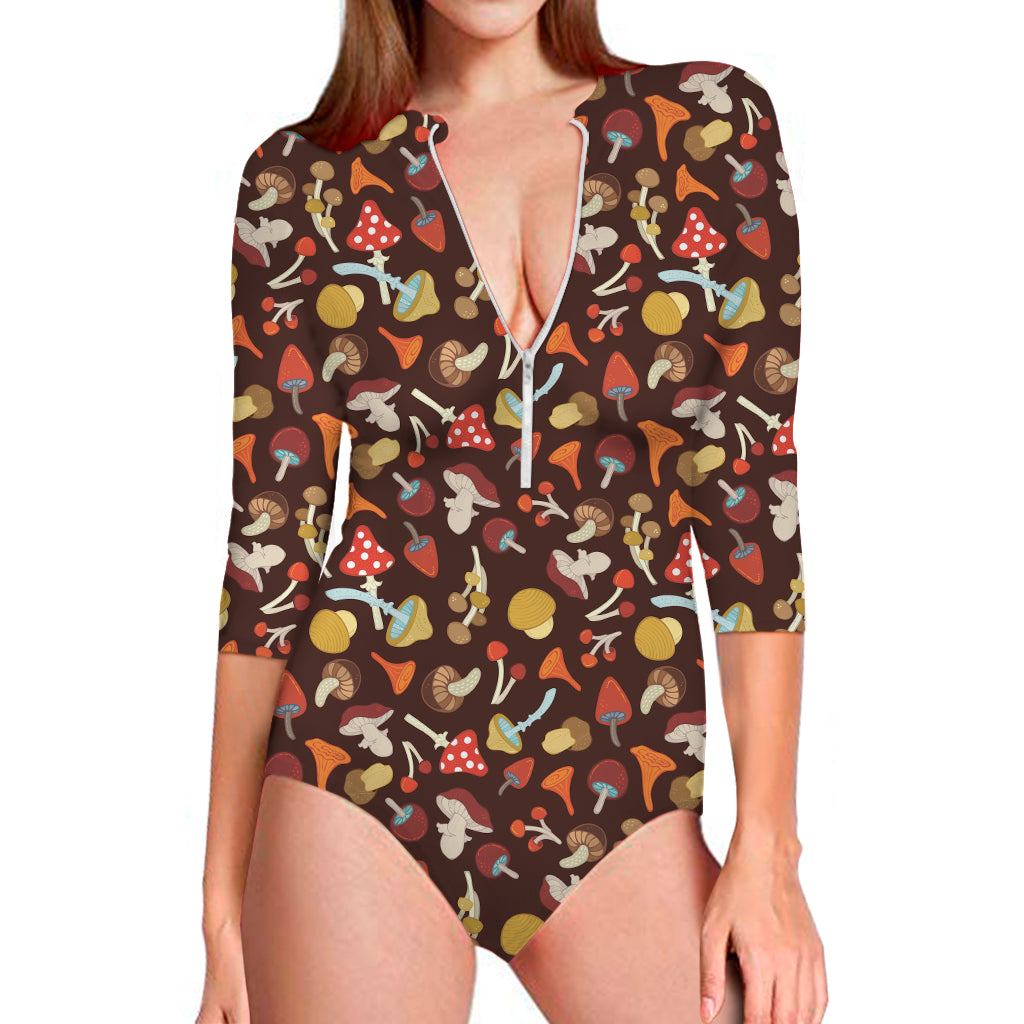 Cartoon Mushroom Pattern Print Long Sleeve One Piece Swimsuit