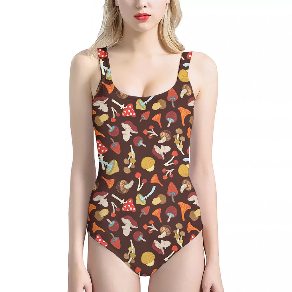 Cartoon Mushroom Pattern Print One Piece Halter Neck Swimsuit