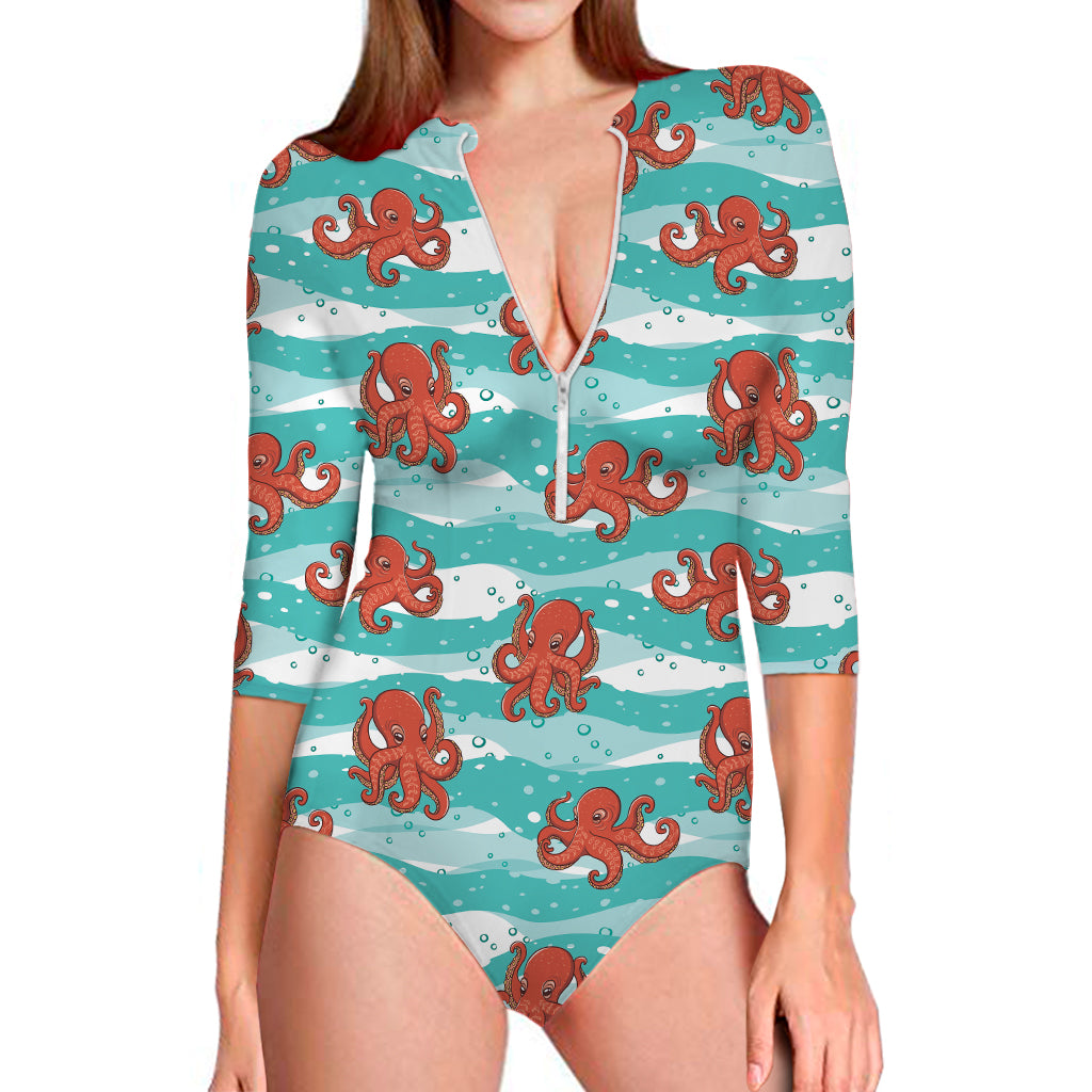 Cartoon Octopus Pattern Print Long Sleeve One Piece Swimsuit