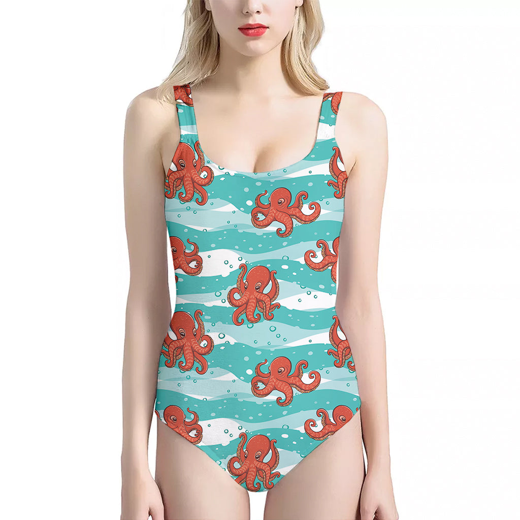 Cartoon Octopus Pattern Print One Piece Halter Neck Swimsuit