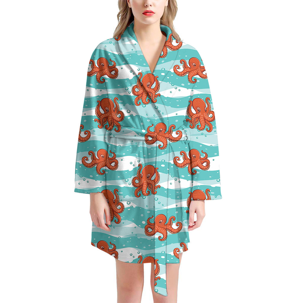 Cartoon Octopus Pattern Print Women's Bathrobe