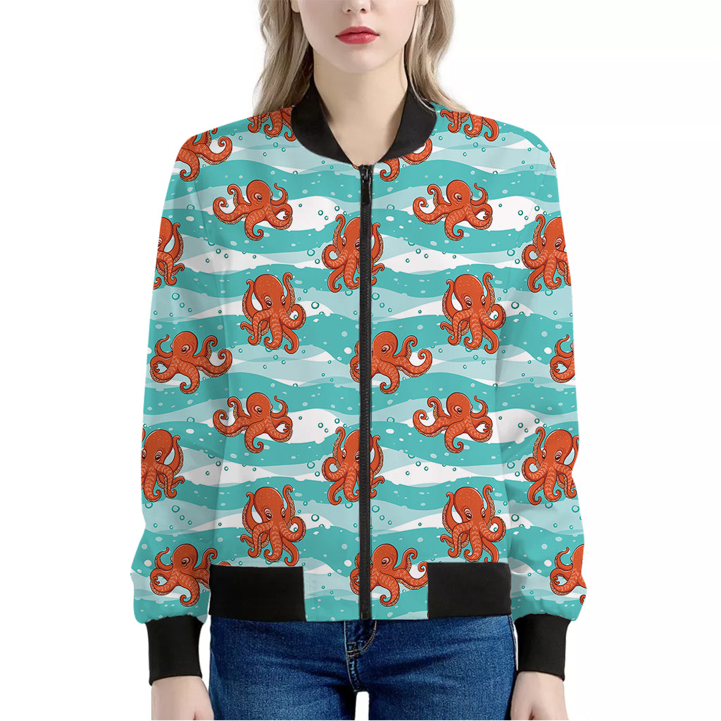 Cartoon Octopus Pattern Print Women's Bomber Jacket