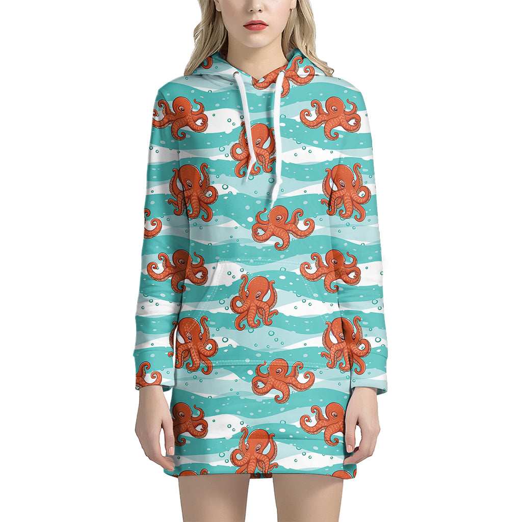 Cartoon Octopus Pattern Print Women's Pullover Hoodie Dress