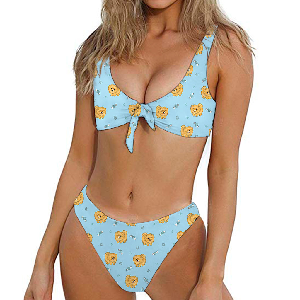 Cartoon Pomeranian Pattern Print Front Bow Tie Bikini