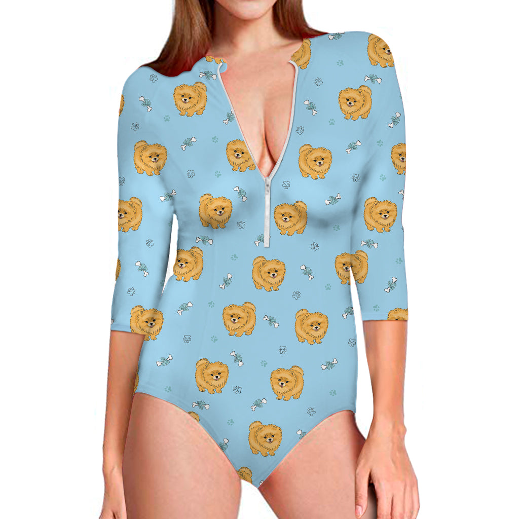 Cartoon Pomeranian Pattern Print Long Sleeve One Piece Swimsuit