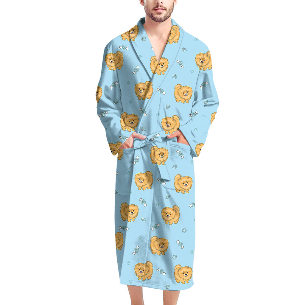 Cartoon Pomeranian Pattern Print Men's Bathrobe