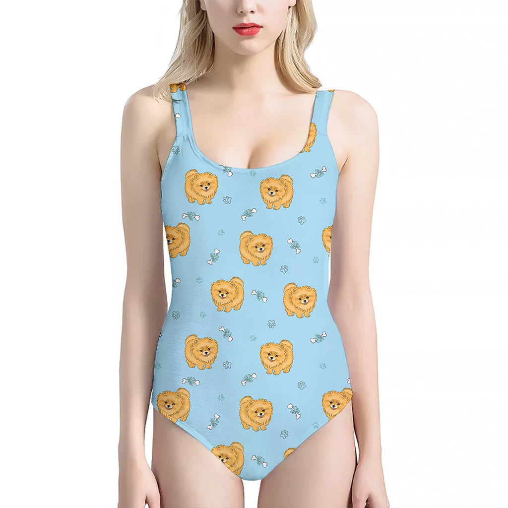 Cartoon Pomeranian Pattern Print One Piece Halter Neck Swimsuit