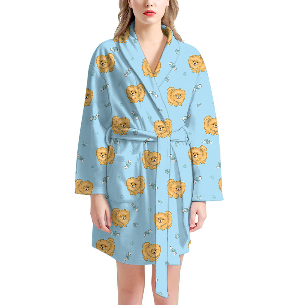 Cartoon Pomeranian Pattern Print Women's Bathrobe