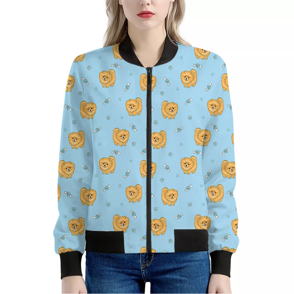 Cartoon Pomeranian Pattern Print Women's Bomber Jacket