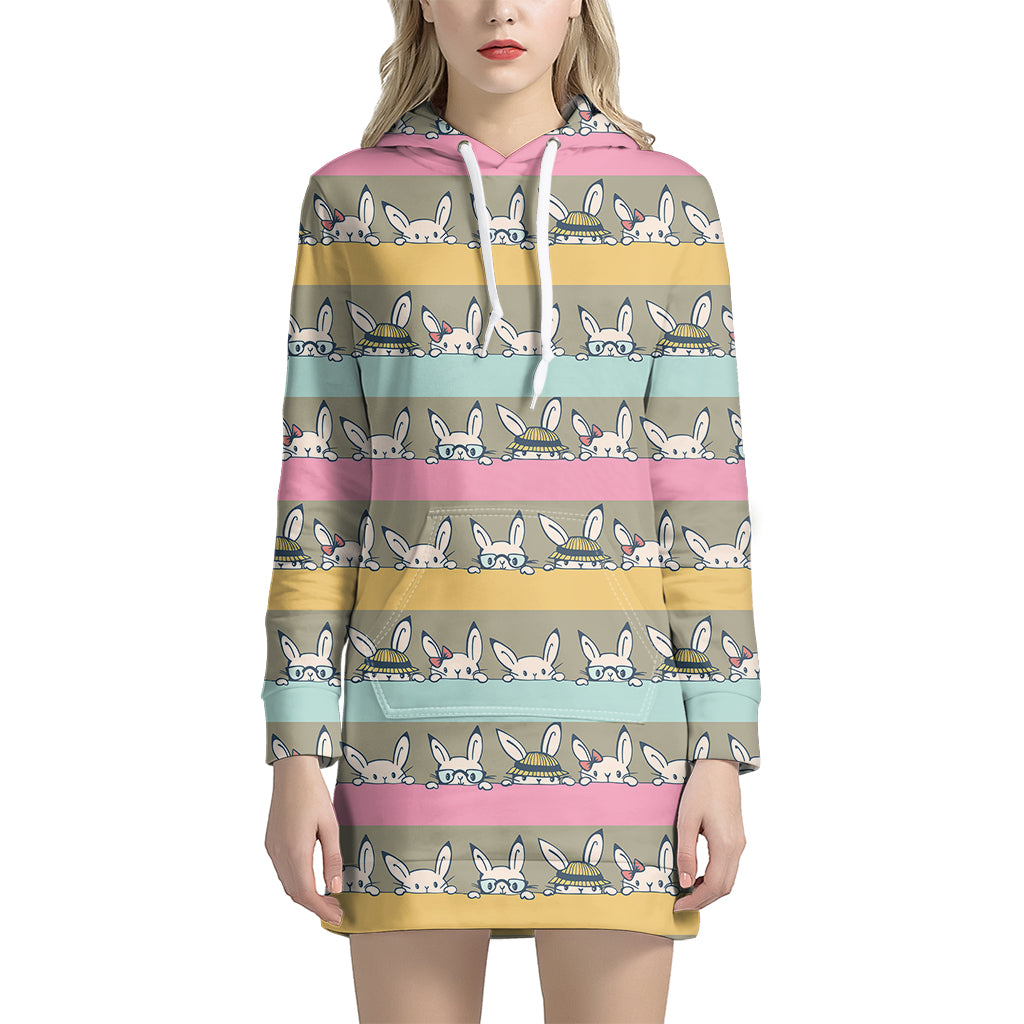 Cartoon Rabbit Pattern Print Women's Pullover Hoodie Dress