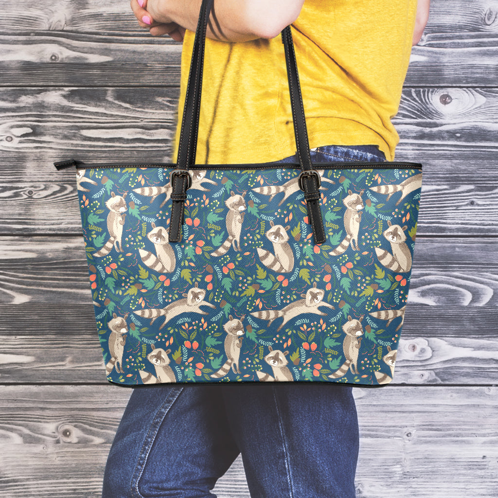 Cartoon Raccoon Pattern Print Leather Tote Bag