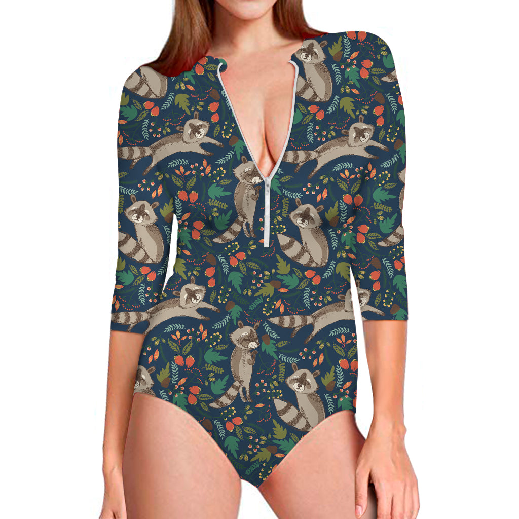 Cartoon Raccoon Pattern Print Long Sleeve One Piece Swimsuit