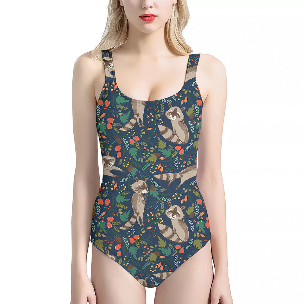 Cartoon Raccoon Pattern Print One Piece Halter Neck Swimsuit