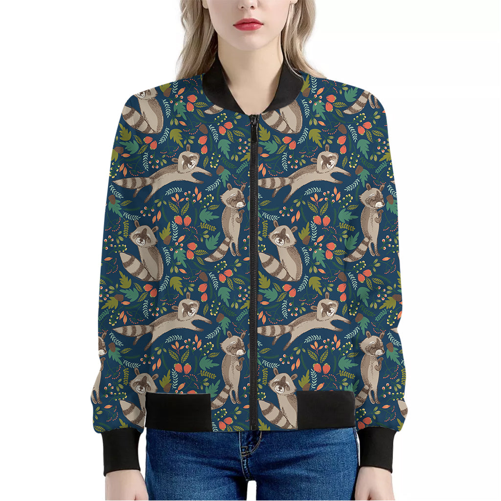 Cartoon Raccoon Pattern Print Women's Bomber Jacket