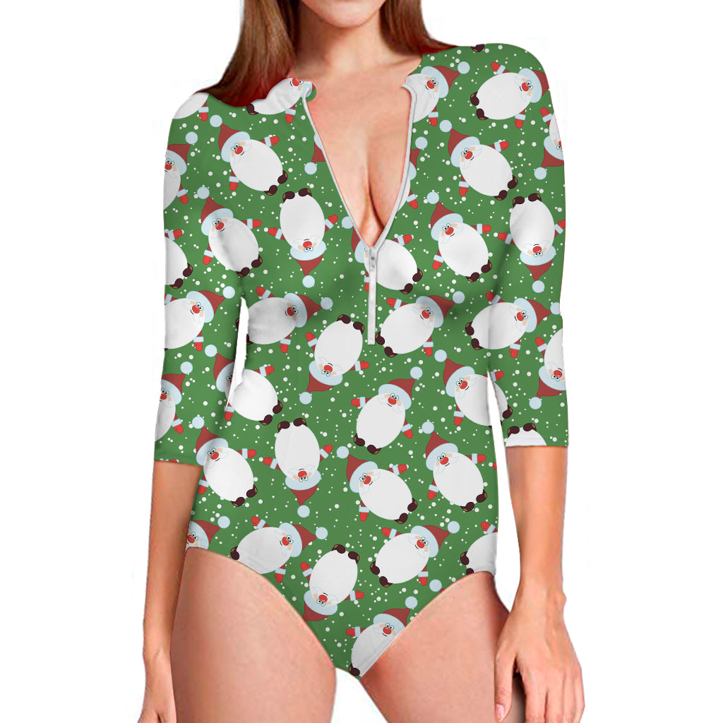 Cartoon Santa Claus Pattern Print Long Sleeve One Piece Swimsuit