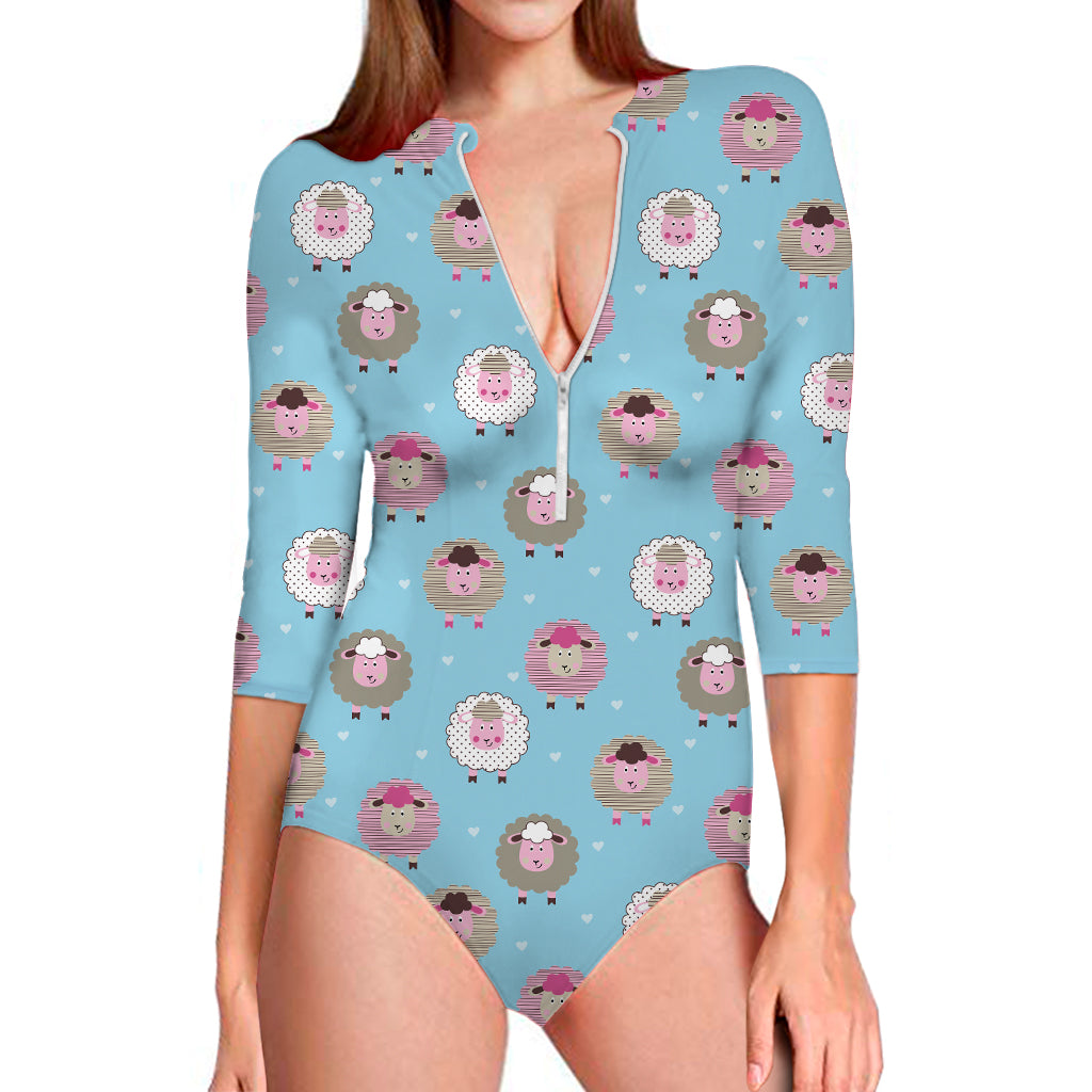 Cartoon Sheep Pattern Print Long Sleeve One Piece Swimsuit