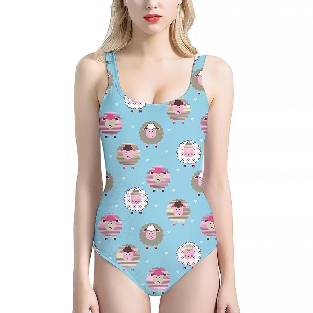 Cartoon Sheep Pattern Print One Piece Halter Neck Swimsuit