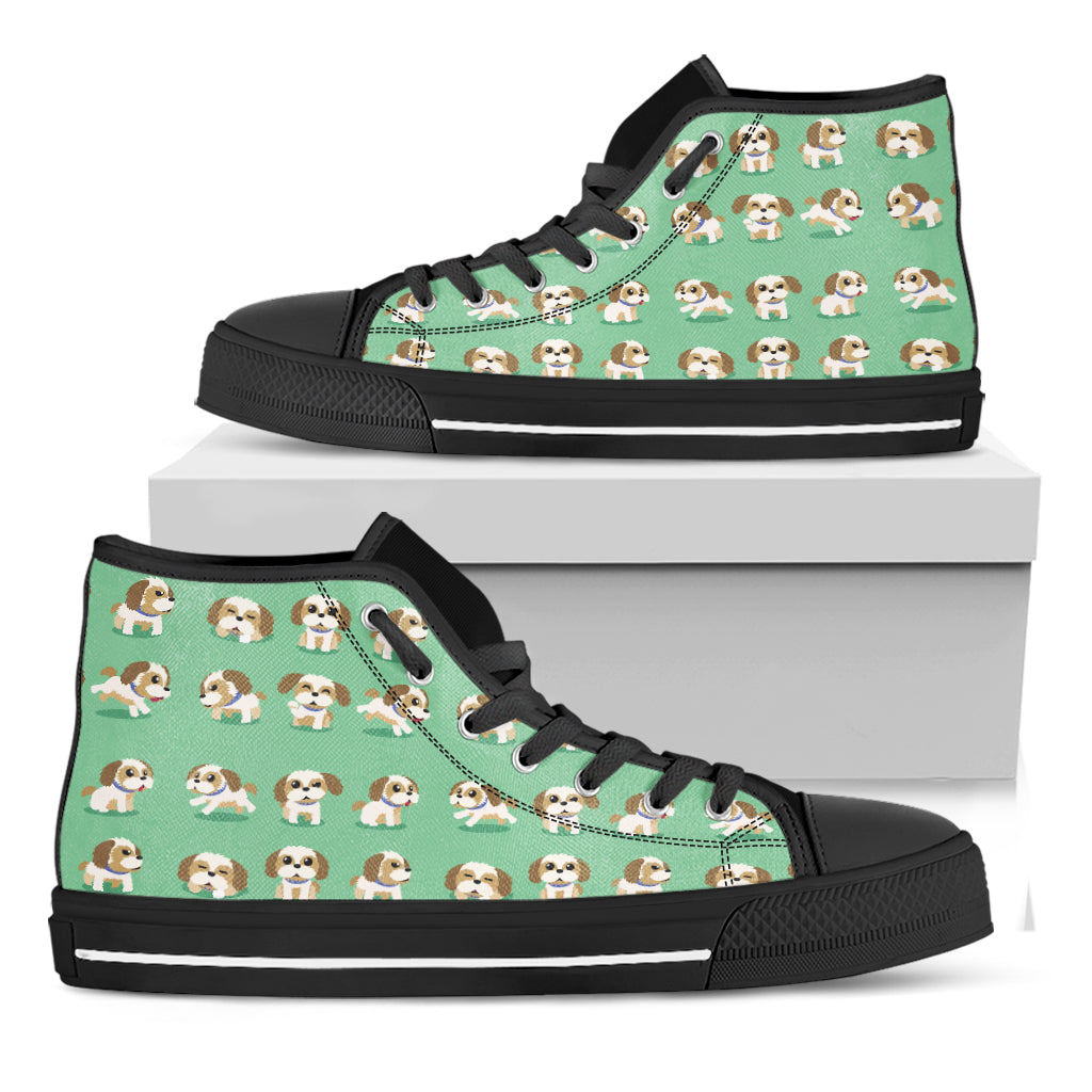 Cartoon Shih Tzu Pattern Print Black High Top Shoes