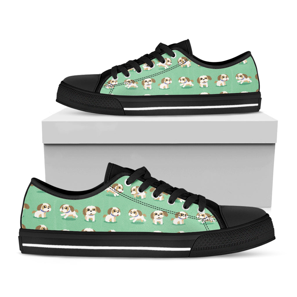 Cartoon Shih Tzu Pattern Print Black Low Top Shoes