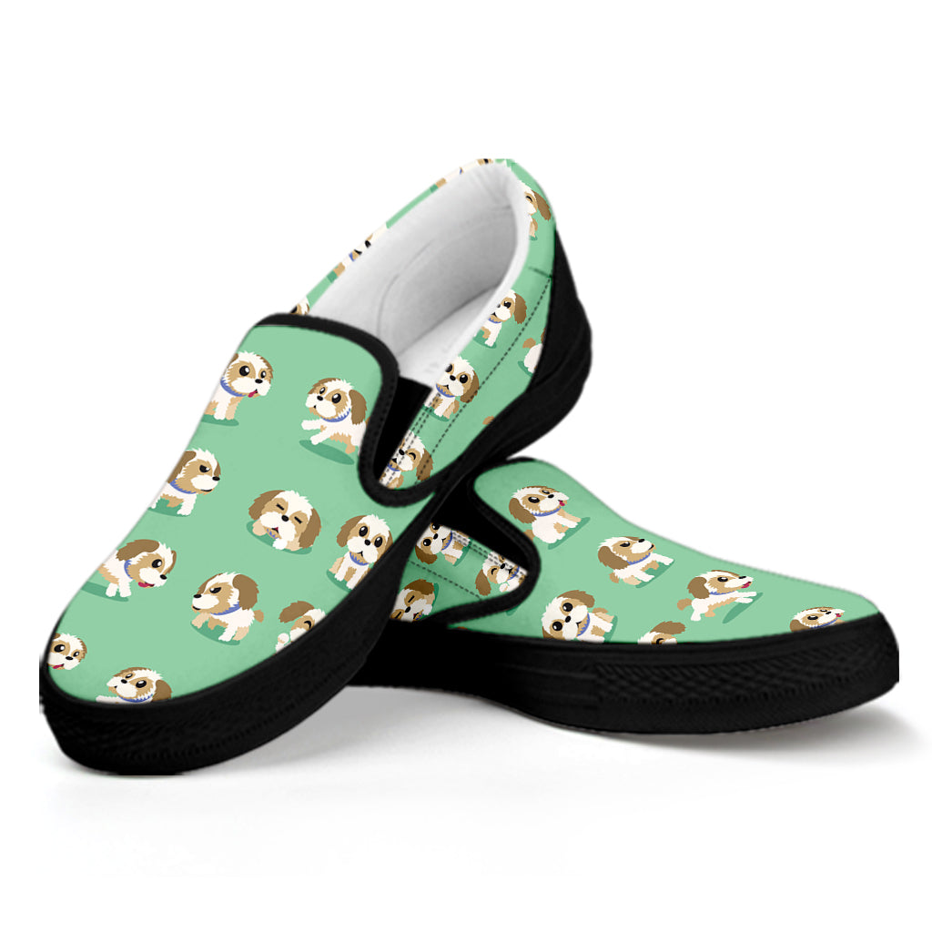 Cartoon Shih Tzu Pattern Print Black Slip On Shoes